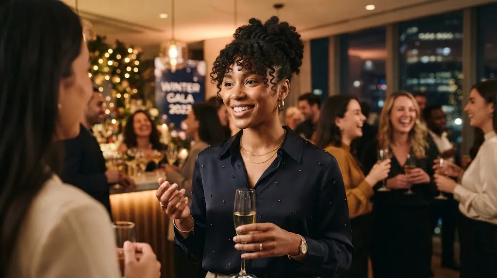 Professional woman with a textured half-up twist hairstyle and soft face-framing pieces at an office party