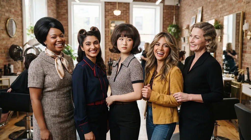 Diverse women showcasing vintage hairstyles tailored to different face shapes, including soft waves and voluminous retro cuts.