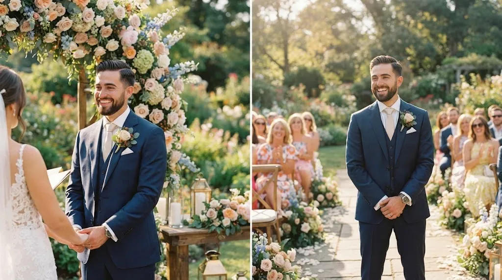 A stylish groom with a neat haircut smiling during an outdoor garden wedding ceremony