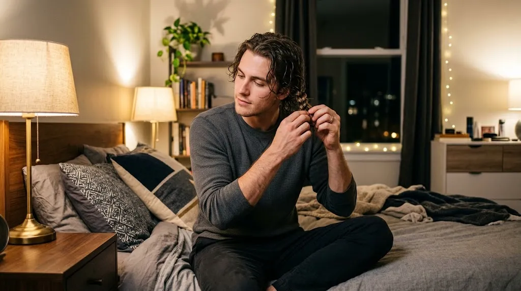 A young man loosely braiding his damp hair before bed to get natural heatless waves overnight.