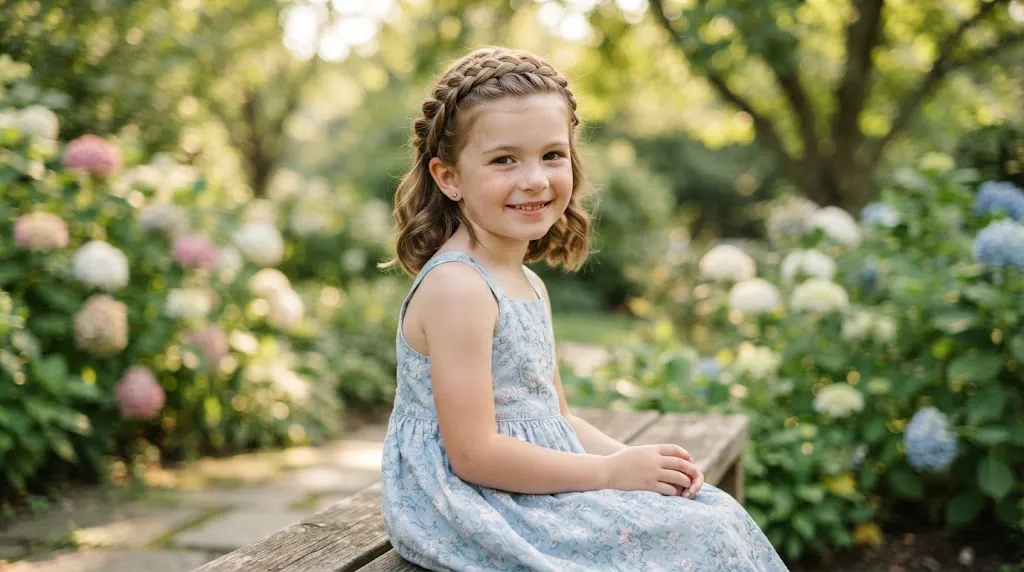 A young girl with neat short hair styled into a clean crown French braid with soft, natural waves for a special function.
