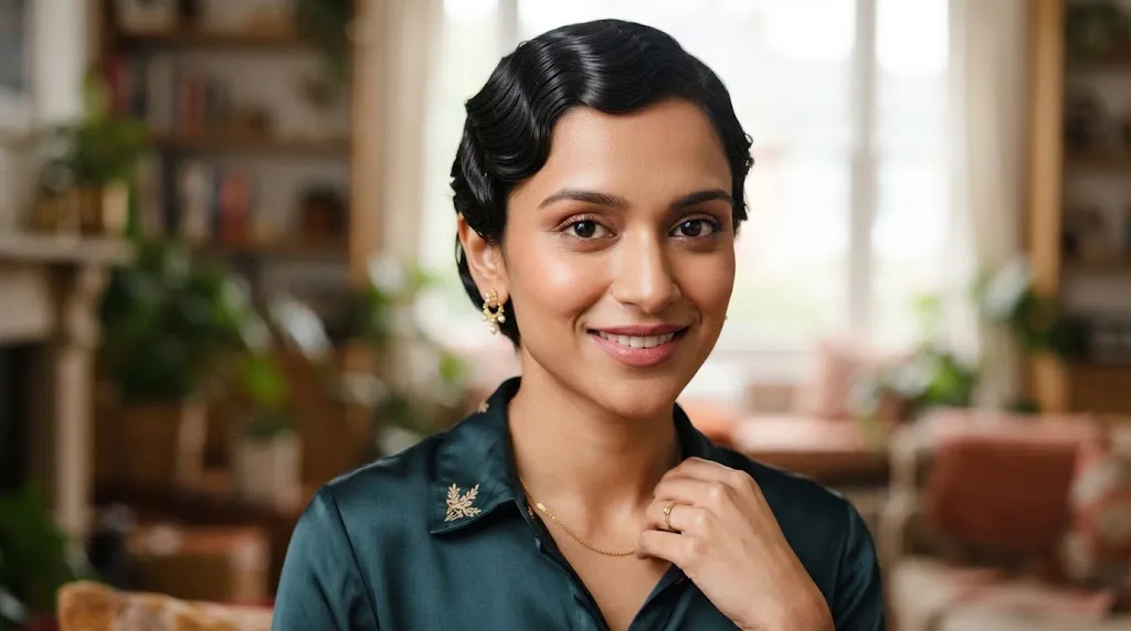 A South Asian woman showcasing a neat and elegant pinned-back short hair style for everyday and office wear