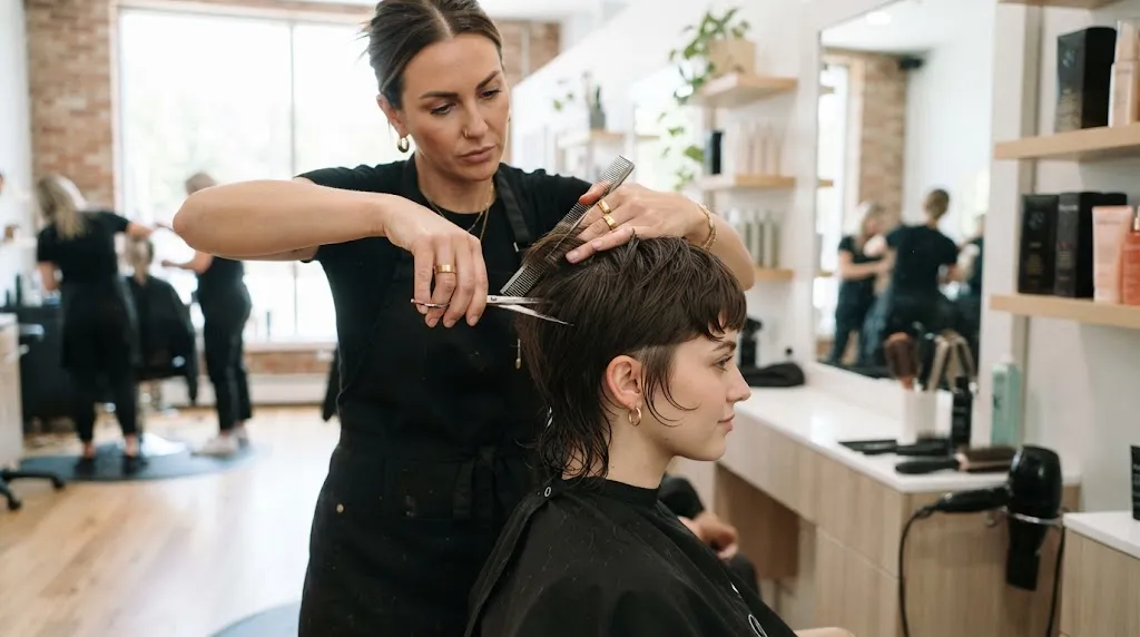 A professional stylist working on a trendy short pixie and bixie haircut in a modern salon for complete hairstyle cutting inspiration.