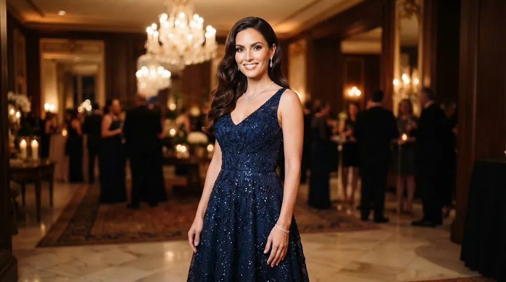 A woman with glossy, flawless Hollywood wave long hair wearing a stunning formal evening gown for a special event.
