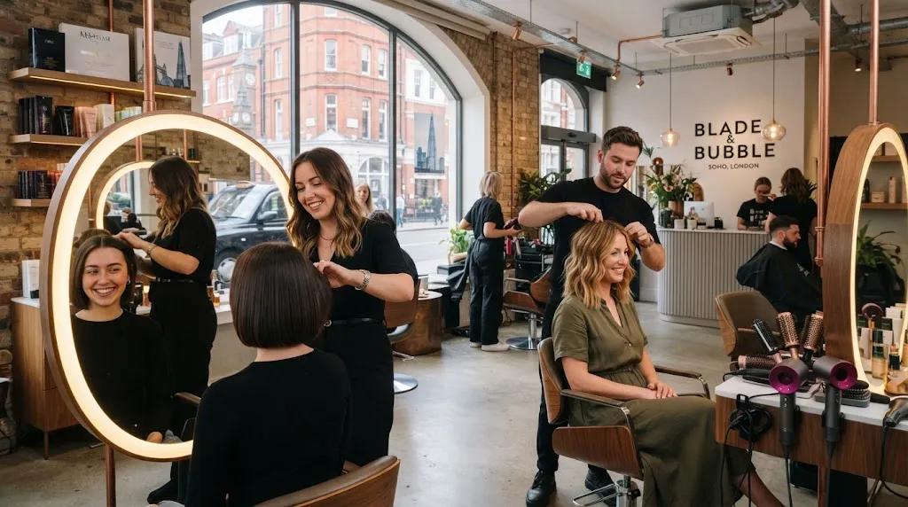 A modern London hair salon showcasing popular women haircuts including a sleek blunt British bob and a textured lob