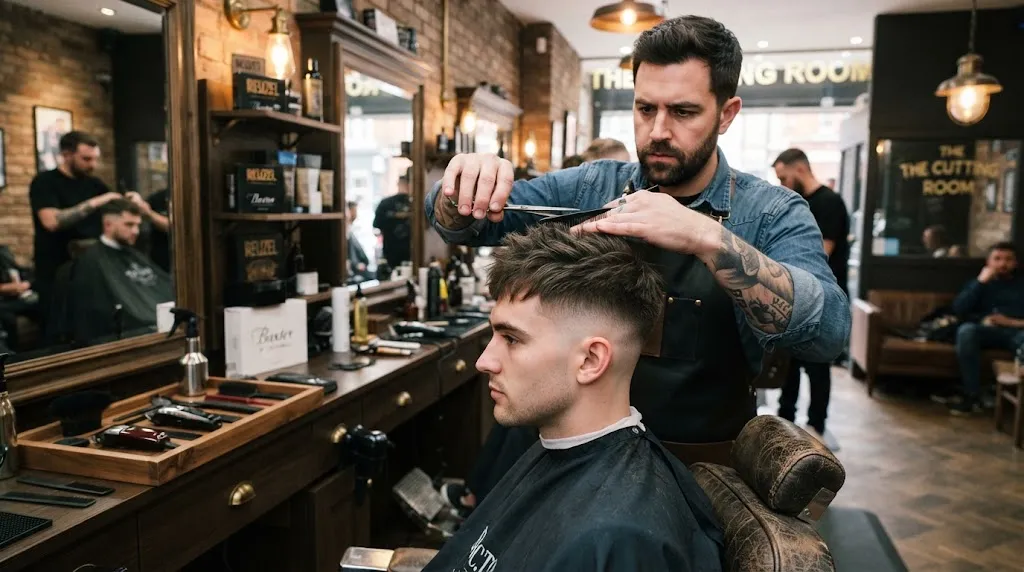 A professional barber styling a popular long military haircut with a textured top and clean tapered sides in a modern barbershop.