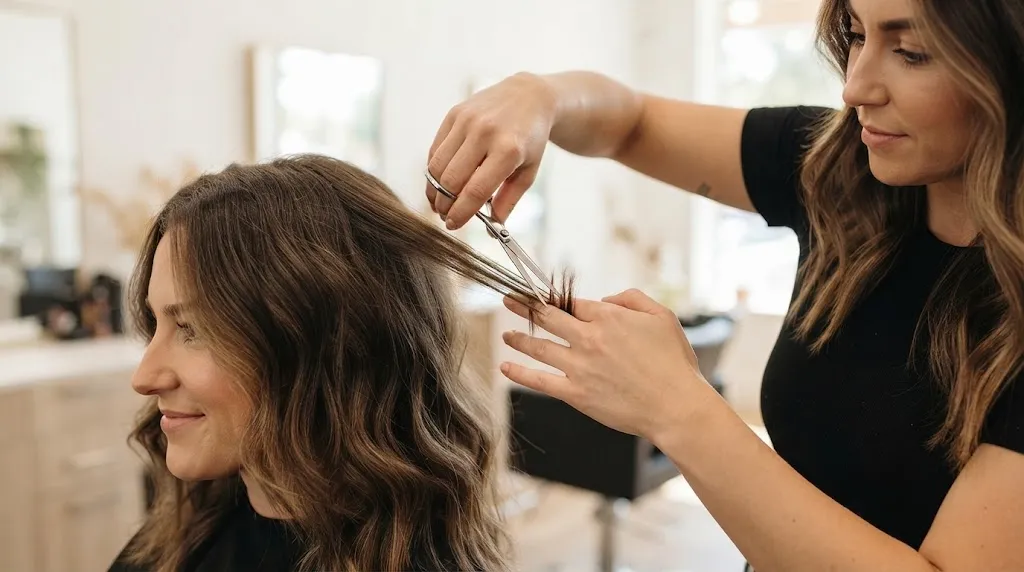 A professional hairstylist in a salon performs a precision dry-cut on a client, snipping exactly three individual hair strands to demonstrate the "3-Hair Rule."