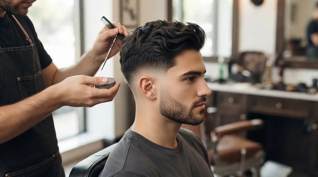 A close-up profile view of a man in a barbershop chair receiving a modern haircut with a smooth taper fade and clean graduated sides, demonstrating a seamless blend from short to longer hair.