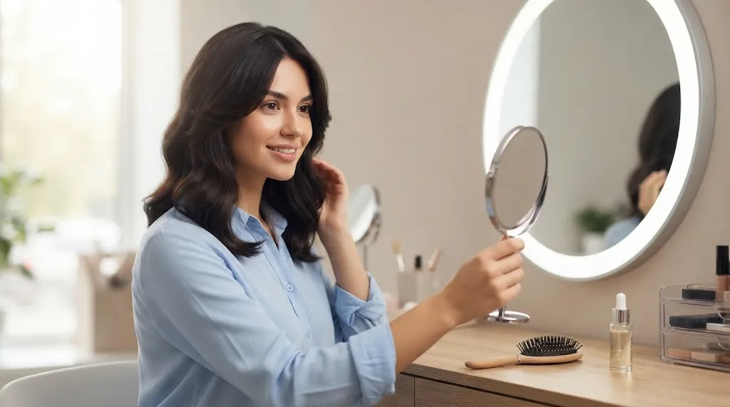 A woman with neat, shoulder-length wavy brown hair sitting at a well-lit vanity with a mirror, holding a handheld mirror to check her appearance before taking a photo for a virtual hairstyle tool.