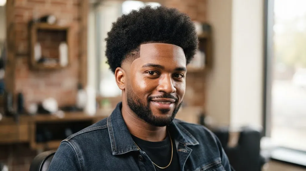 A Black man with a well-defined, voluminous Afro haircut and sharp temple skin fade