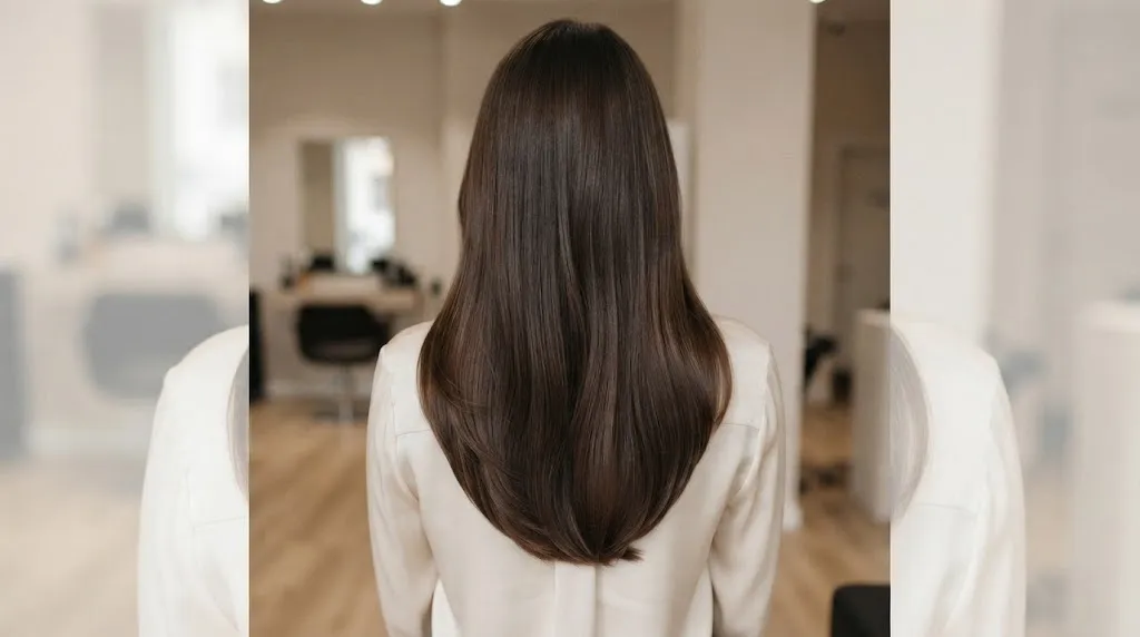 A perfectly executed U-cut hairstyle on long, healthy, dark brown hair viewed from the back, showcasing the rounded horseshoe shape where the center is longest and the sides gently taper upward in a soft curve within a salon setting.