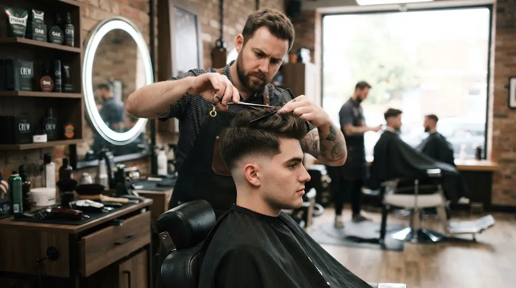 Professional barber demonstrating scissor-over-comb technique and clean taper for a long military haircut in a modern barbershop.