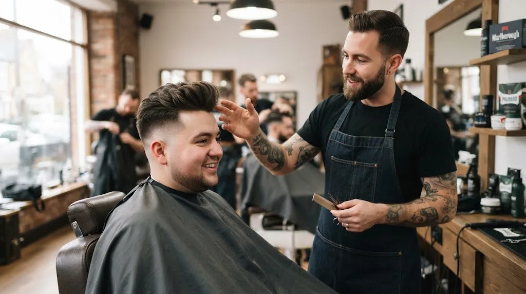 Professional barber discussing haircut styling goals with a man having a round face shape in a modern barbershop