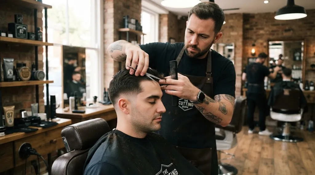 A professional barber cutting a client's hair shorter with scissors in a modern barbershop.