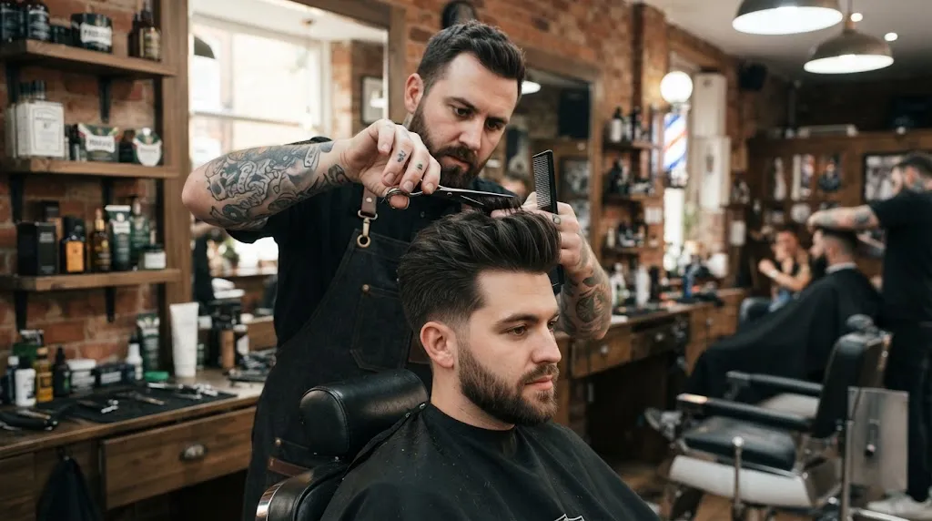 Professional barber using shears to cut and texturize the top section of a short pompadour hairstyle in a modern barbershop