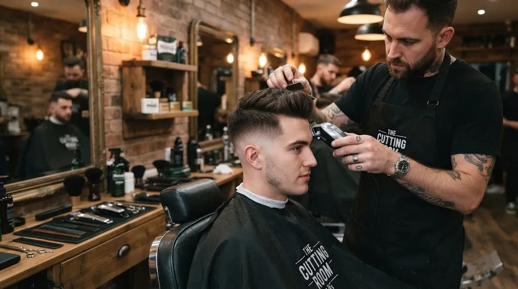 Professional barber fading and cutting the sides and back of a short pompadour haircut
