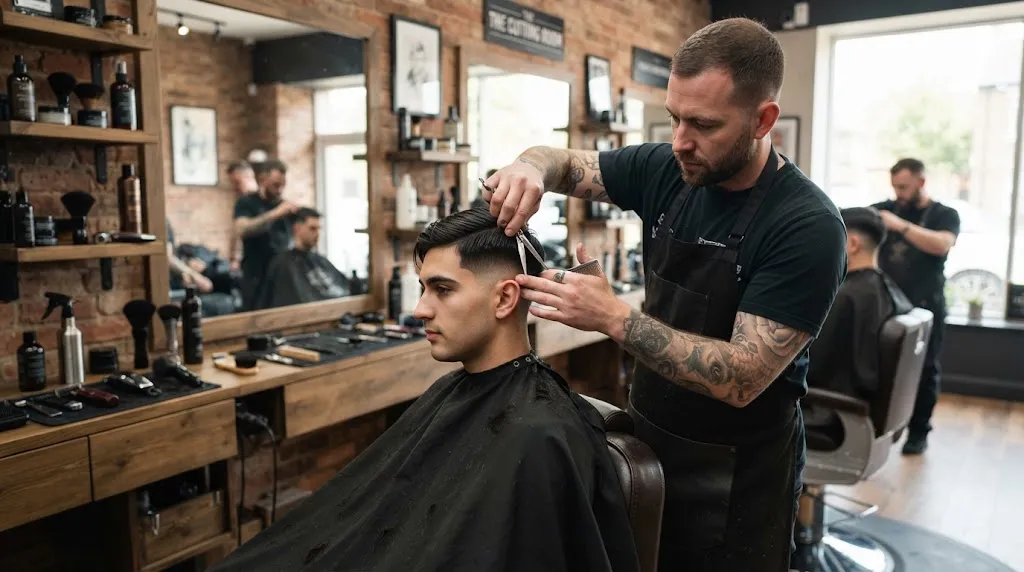 A professional barber giving a clean hair trim to a client in a modern barbershop to maintain a normal slope haircut