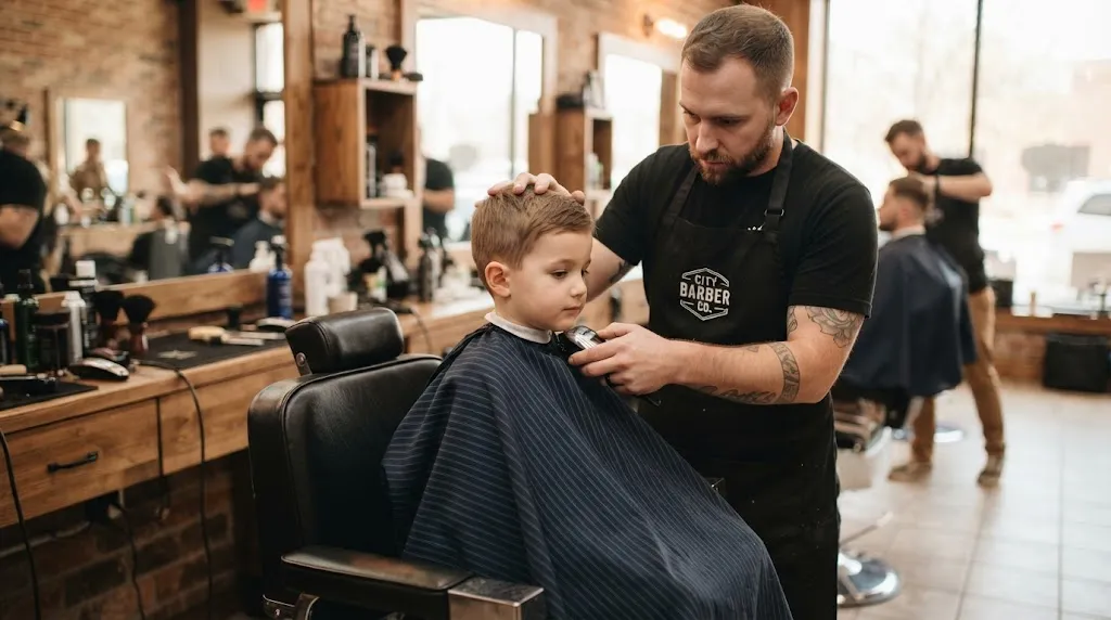 Professional barber using clippers for a quick touch-up on a boy's haircut neckline in a modern barbershop.