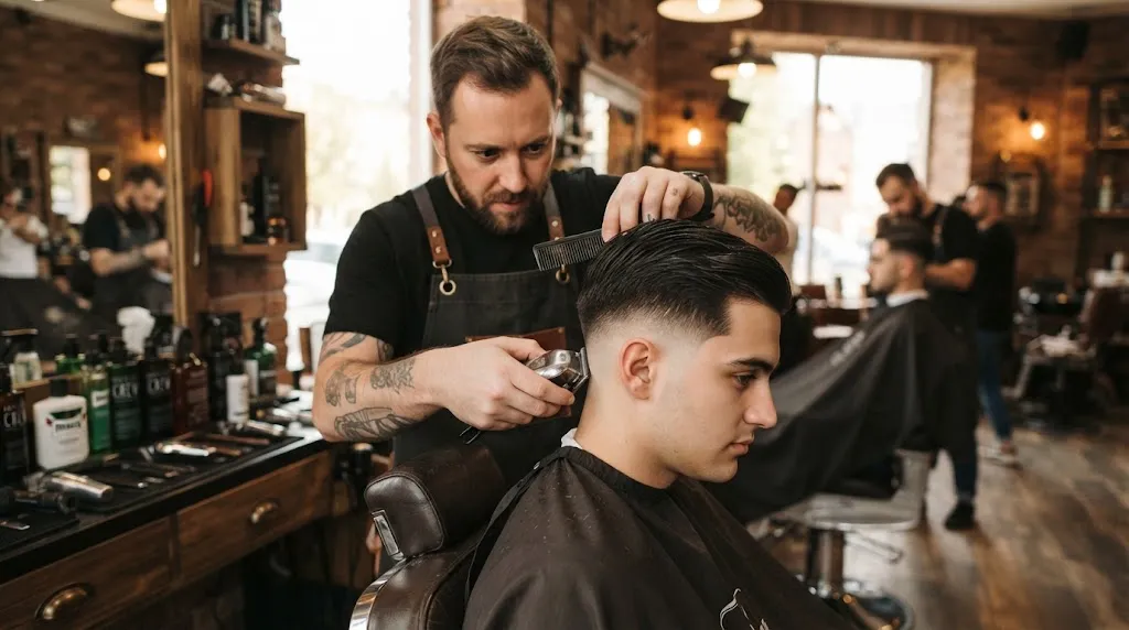 A professional barber carefully trimming and reshaping the sides and back of a clean normal slope haircut in a modern salon.