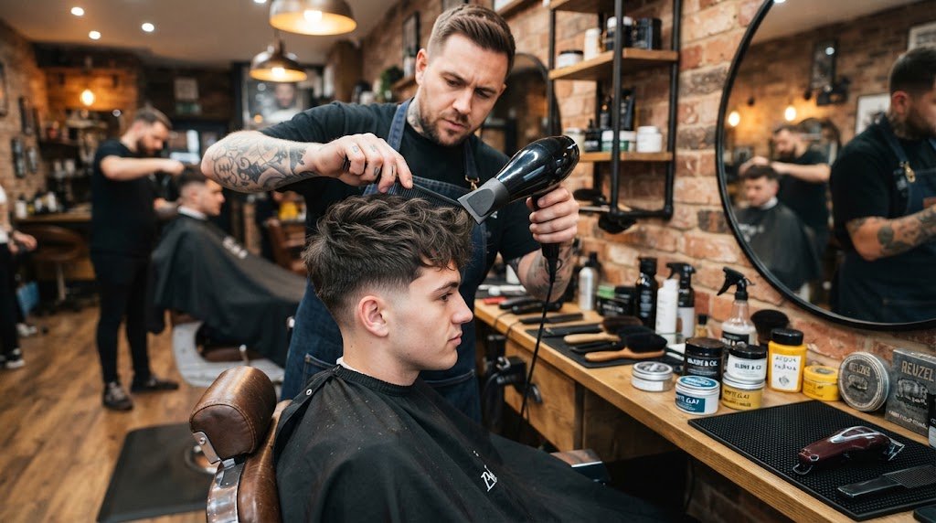 A professional stylist working on a modern textured haircut for a man with straight hair in a barbershop