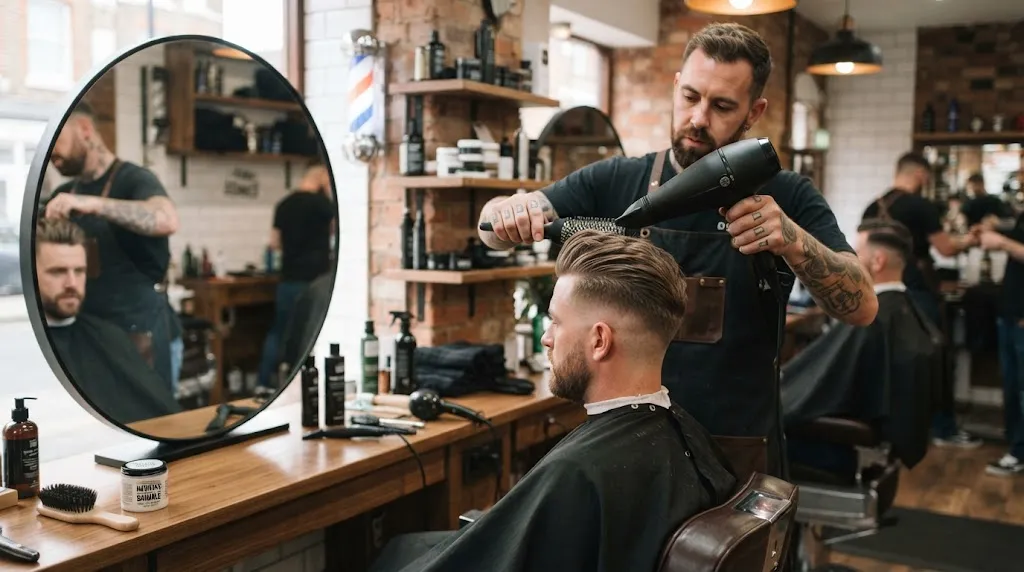 A professional barber styling a man's long military haircut with a blow dryer and product in a modern barbershop