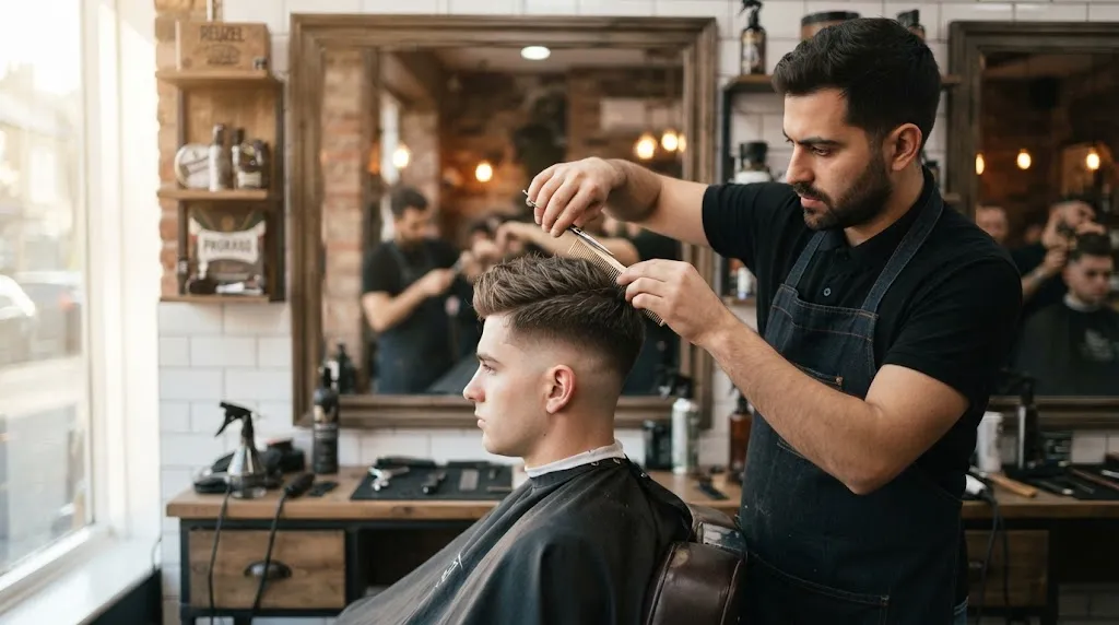 A professional barber styling a man's hair to fix and maintain a clean long military haircut in a modern barbershop.