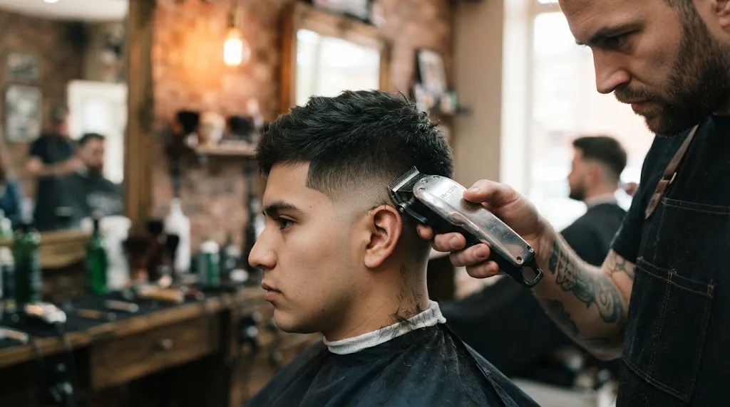 Close-up of a barber using clippers to create a gradual normal slope haircut with balanced side weight, without text