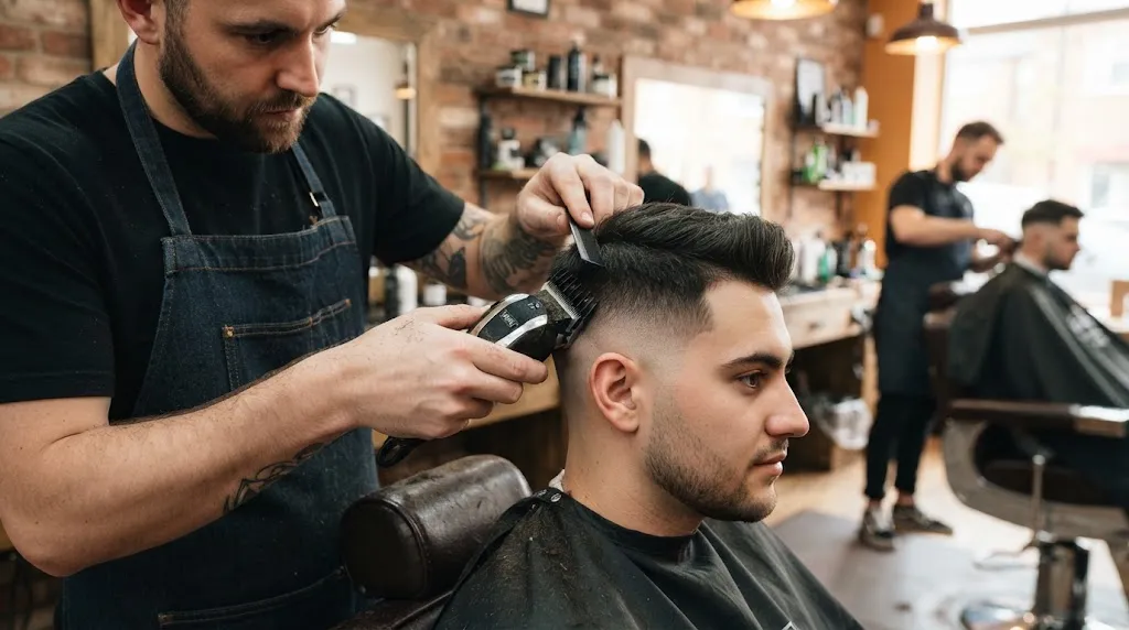 A professional barber trimming the tapered sides of a long military haircut with clipper guard numbers