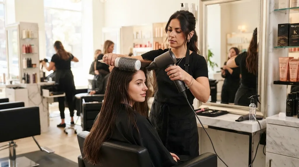 A professional hairstylist using a ceramic round brush and blow dryer to style long hair into a smooth U-cut shape in a modern salon.