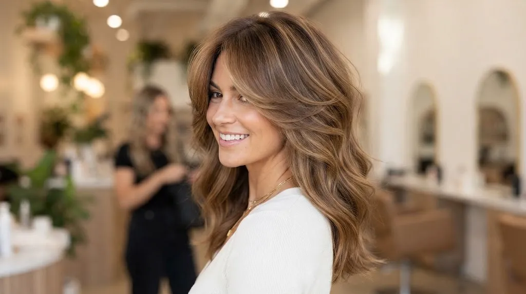 A close-up photo of a woman with a stylish Butterfly Cut, featuring voluminous, cascading layers and face-framing curtain bangs in a salon setting.