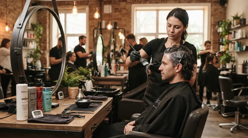 Professional hair stylist applying a chemical relaxer and straightening treatment to a male client's hair in a modern salon