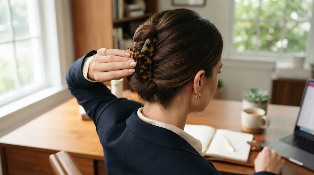 A professional woman securing a tortoiseshell claw clip into a neat French twist hairstyle at an office desk
