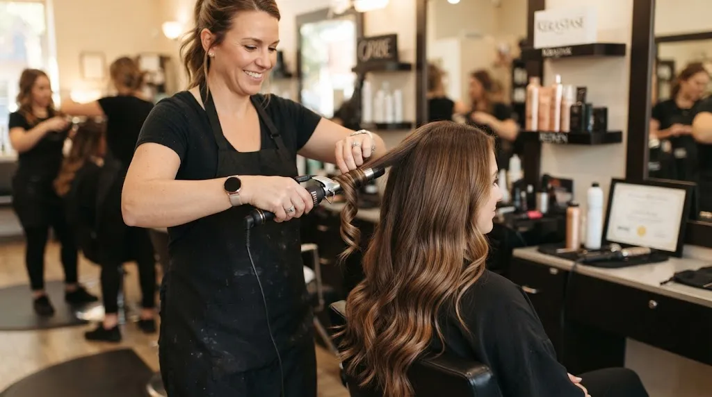 Stylist using a curling iron to style long hair with a U-cut into bouncy waves