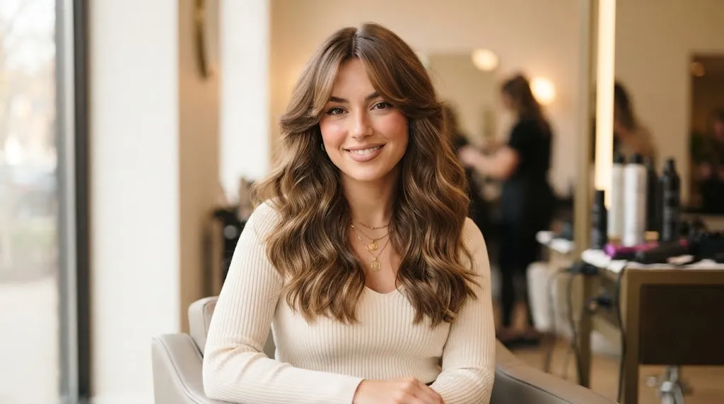Stylish woman with face-framing curtain bangs parted in the middle and swept outward toward cheekbones