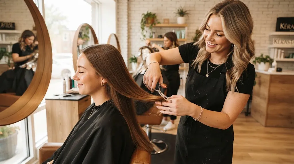 Professional hairstylist performing a micro-dust trim on long, healthy brown hair in a modern salon to remove split ends without sacrificing length.