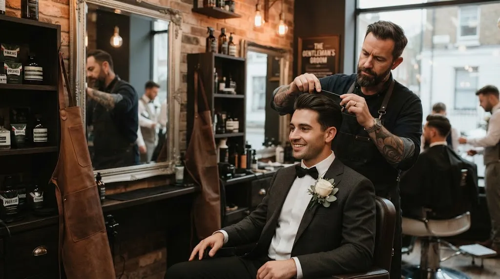 A handsome groom getting a professional haircut and styling consultation at a luxury barbershop before his wedding