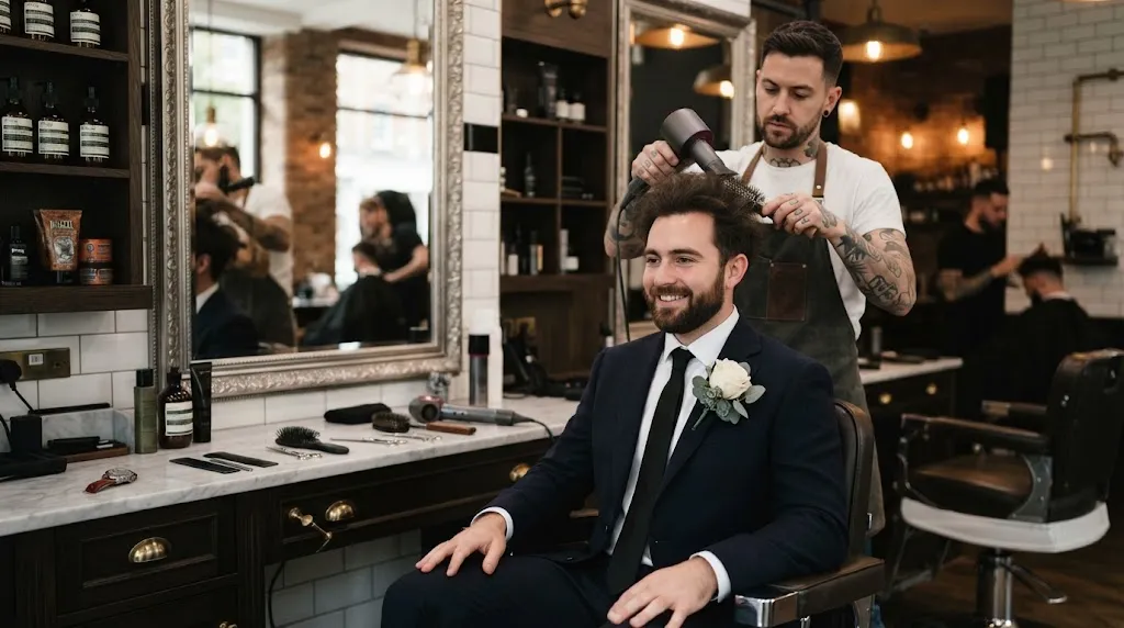 A groom getting his frizzy hair professionally styled and tamed by a barber in a luxury salon before his wedding.