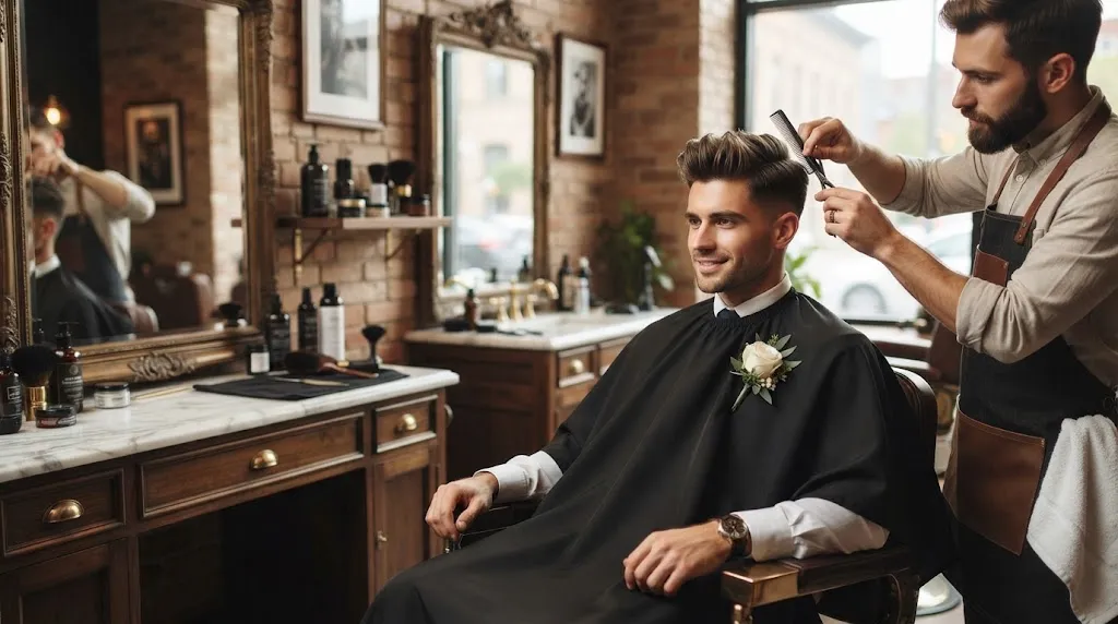 A professional groom getting his hair styled and set in place for wedding day portraits and photographs
