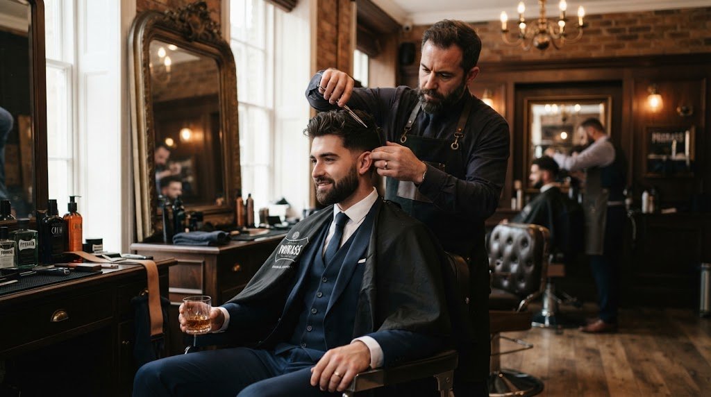 Professional barber cutting and styling a handsome groom's hair in a luxury barbershop following haircut rules for wedding preparation