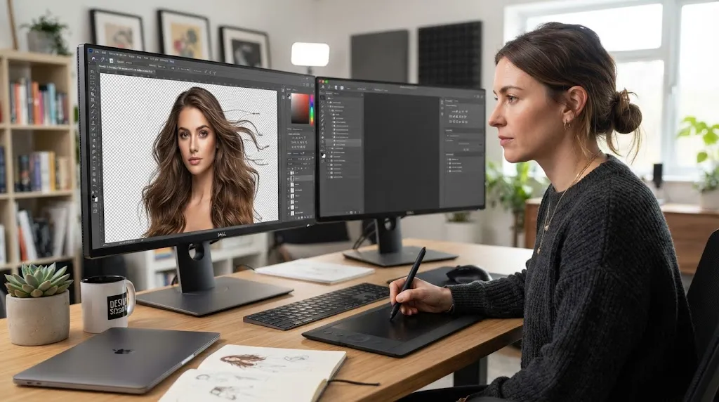A graphic designer editing fine hair strands on a computer screen for a professional photo editing and PNG compositing project.