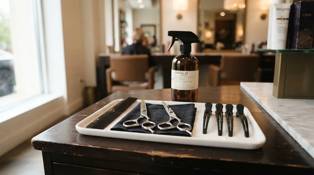 Professional hair cutting shears, sectioning clips, fine-tooth tail comb, and spray bottle arranged on a salon station for a U-cut haircut.
