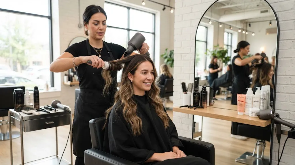 Professional hair model having hair styled by an expert in a modern salon to showcase real hair modeling work and pay potential.