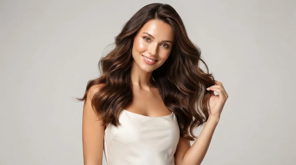 Professional hair model with healthy, vibrant hair during a studio photoshoot illustrating steps to start hair modeling
