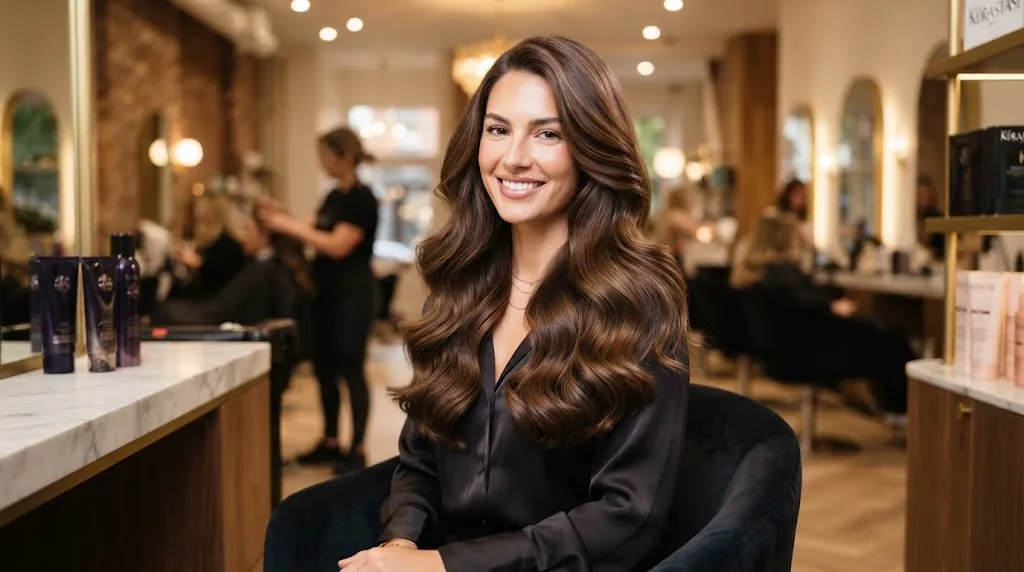 Professional hair model with healthy, shiny styled hair enjoying the benefits of modeling in a modern salon setting