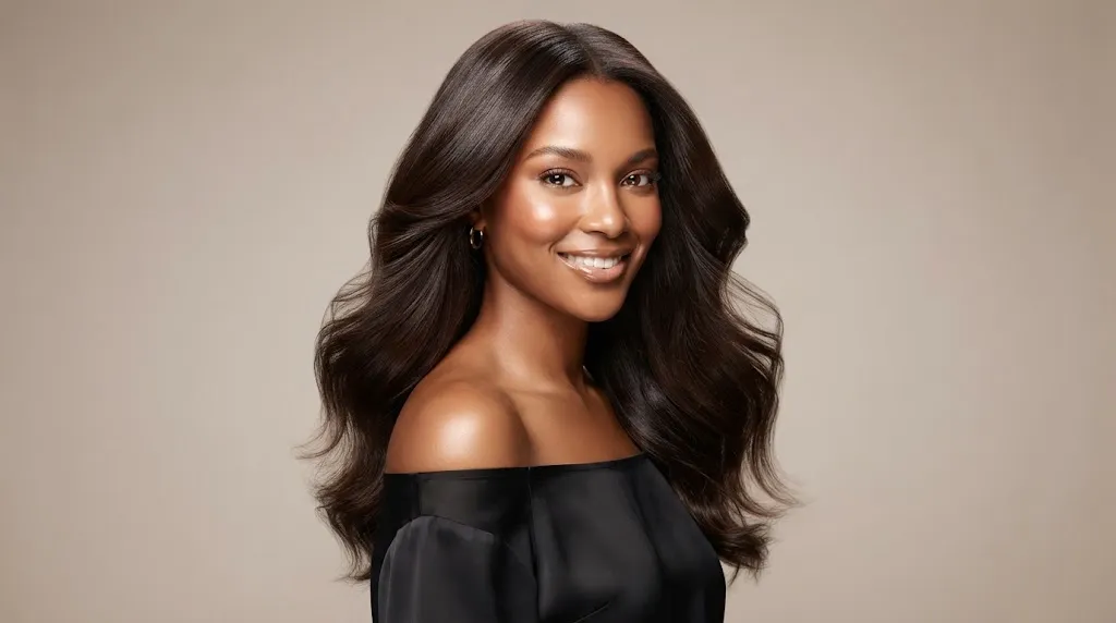 Professional hair model with healthy, glossy, and vibrant hair posing in a studio for a beauty campaign