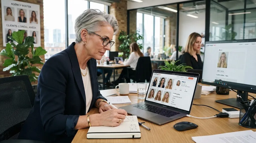 Casting director reviewing professional hair model portfolios and digital job boards on a laptop