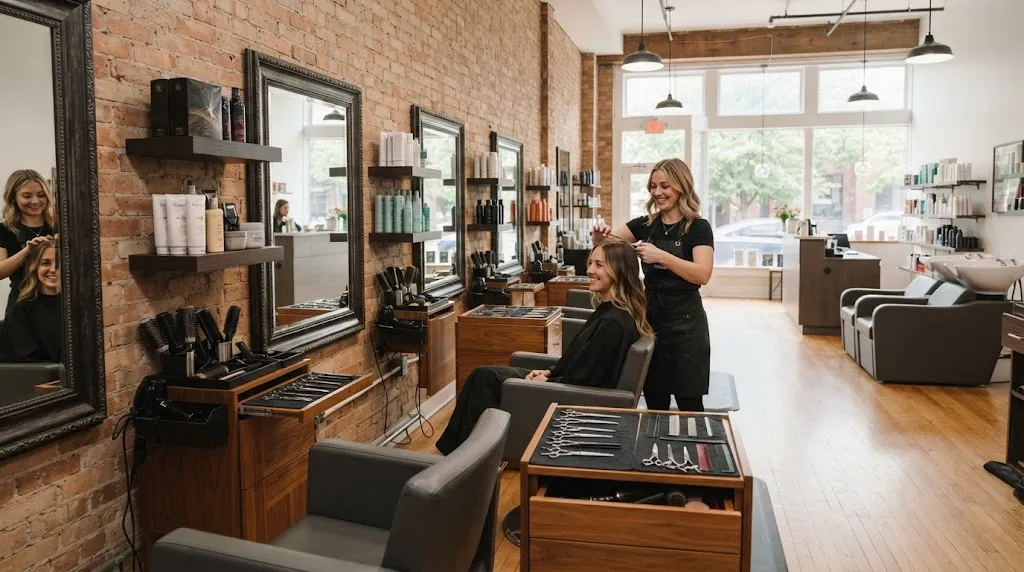 A bright, modern hair salon interior showcasing different hair cutting lengths to help clients choose the right style.