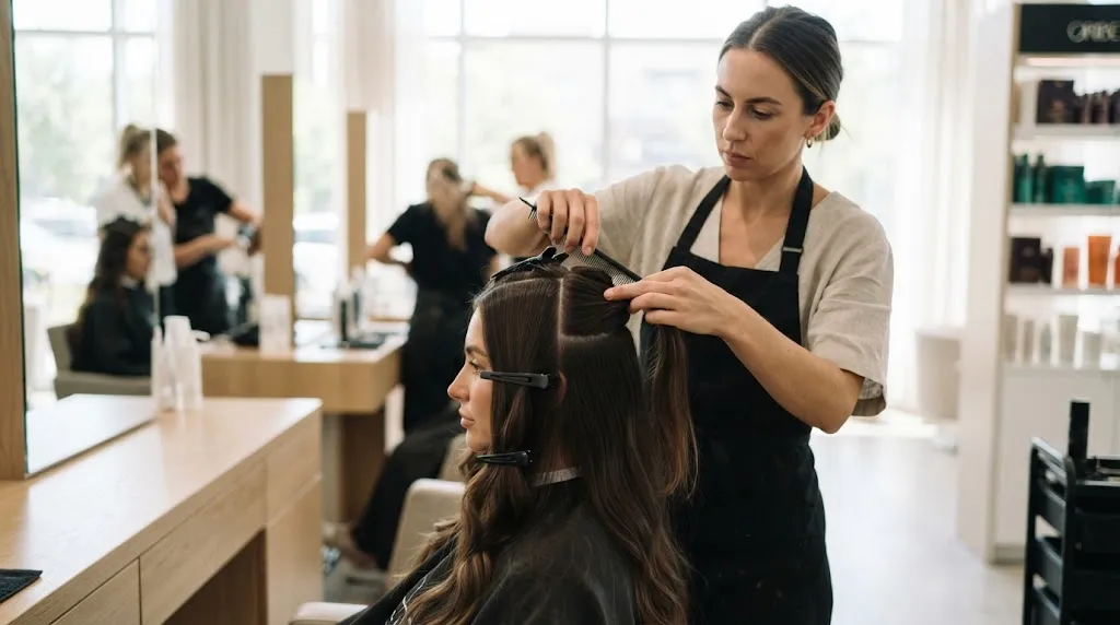 Professional hairstylist dividing long hair into clean quadrants with clips for a precision layer step cut