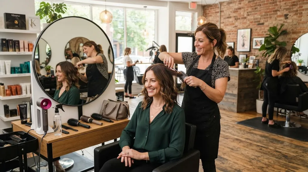 A stylish woman receiving a professional haircut and styling session in a bright, modern hair salon.