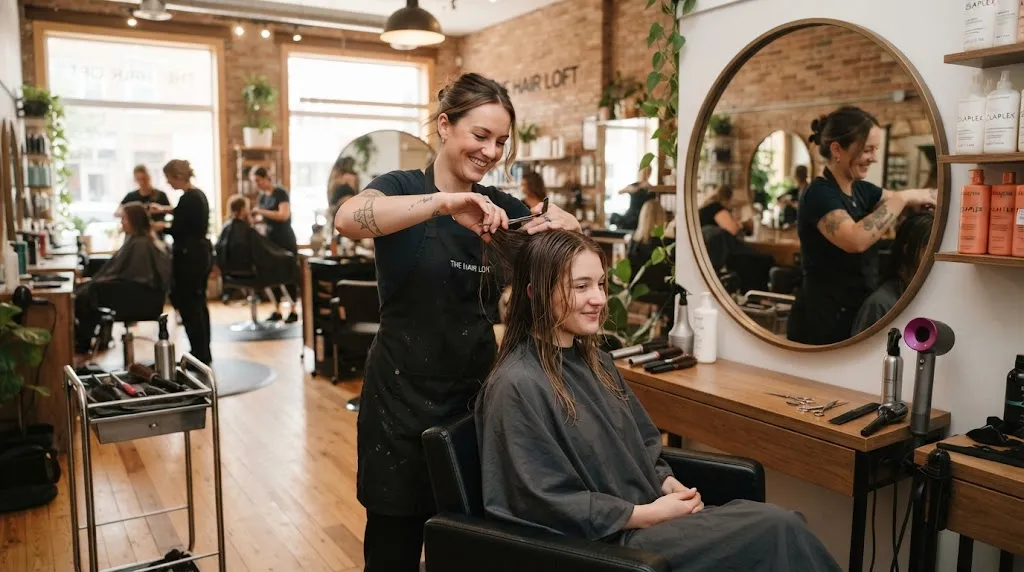 A professional hairstylist expertly cutting and shaping a young woman's hair in a modern salon for the best haircut style